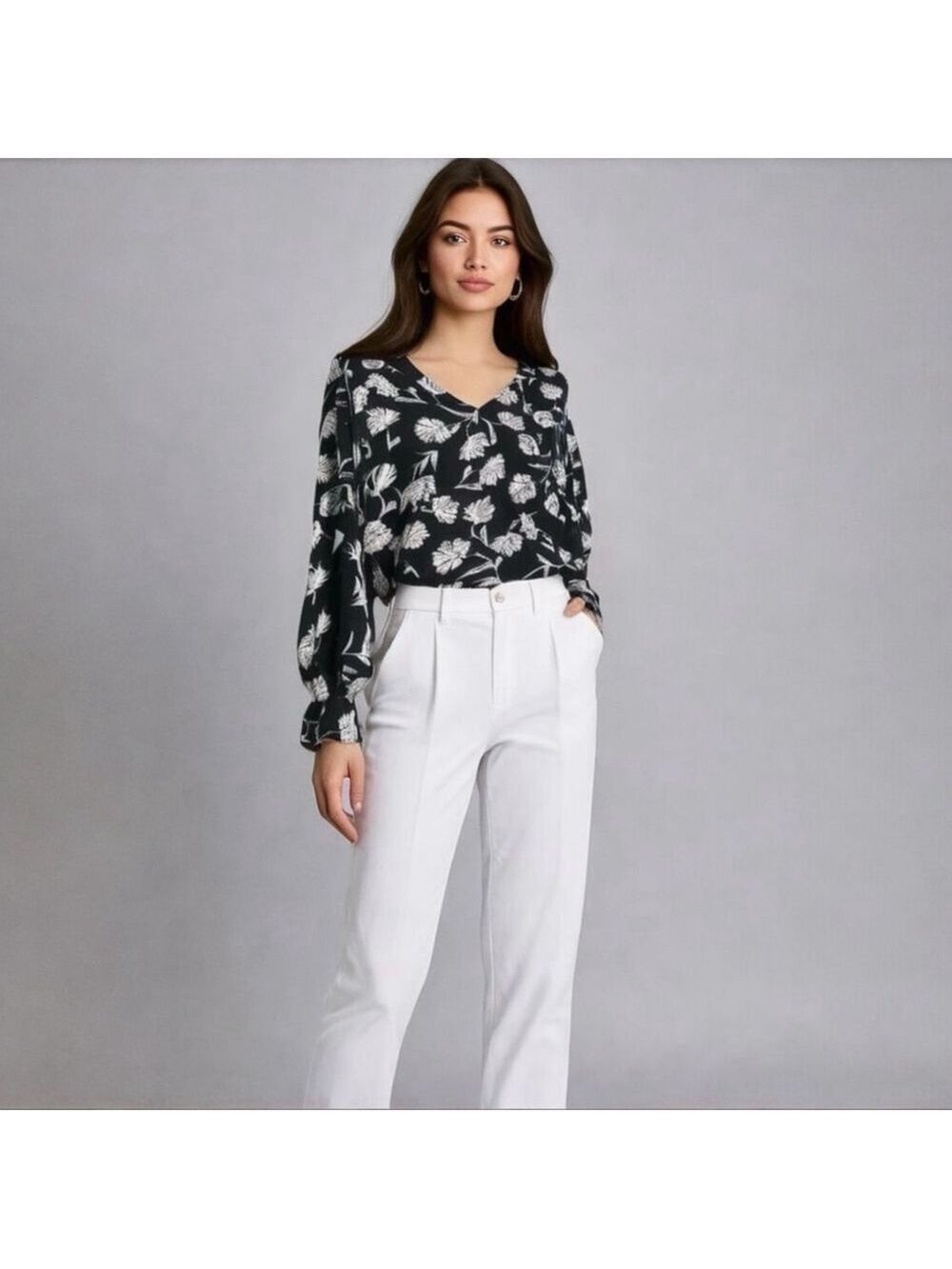 Philosophy Floral Blouse Black White Womens Size XS Smocked Waist New NWT